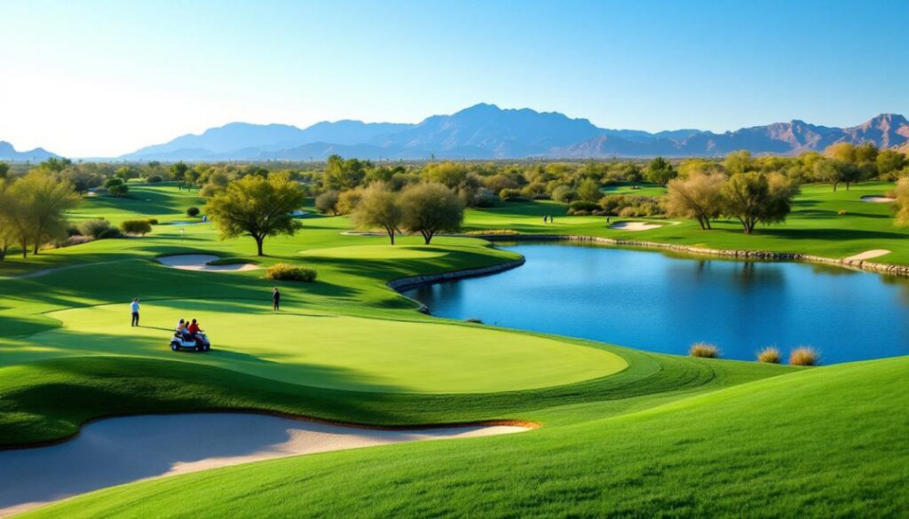 A beautiful golf course featuring well maintained greens and water hazards