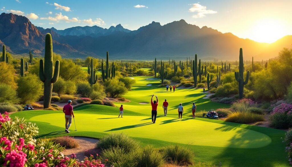 A beautifully landscaped course surrounded by rugged desert terrain