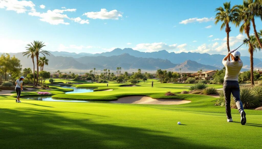 A beautifully landscaped golf course featuring wide fairways and water features