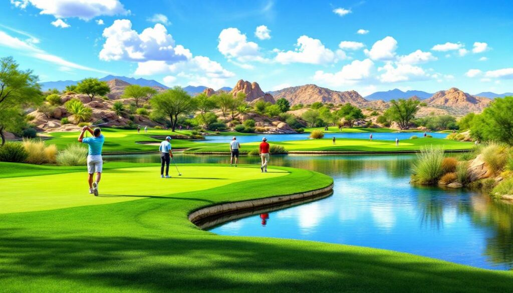 A beautifully landscaped golf course with lush fairways and challenging water features