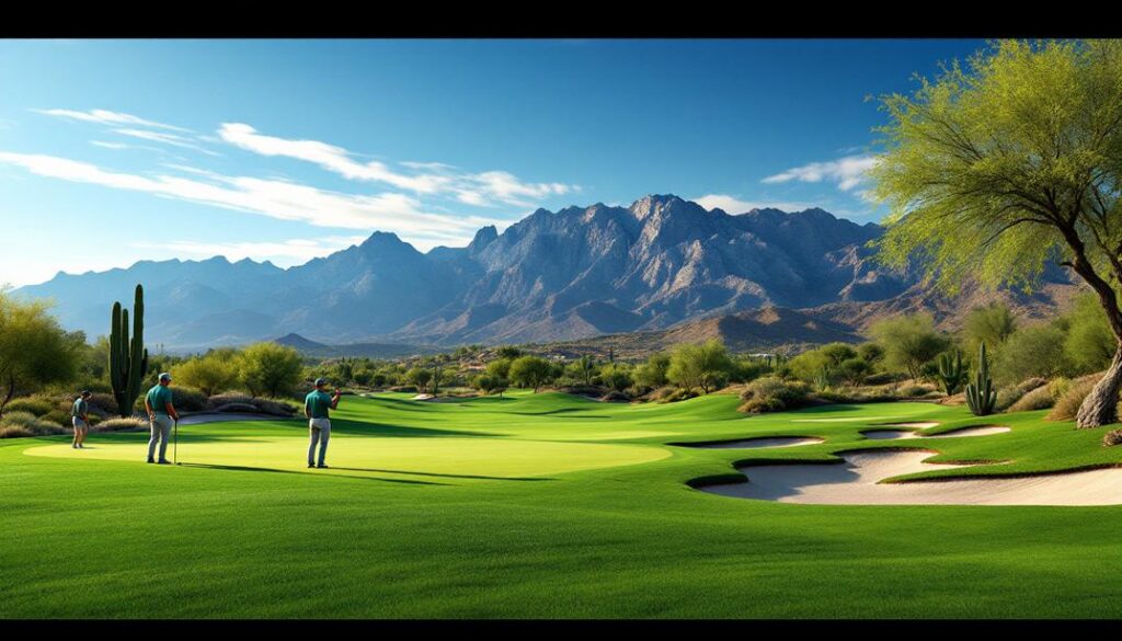 A desert course with dramatic elevation changes and breathtaking mountain backdrops