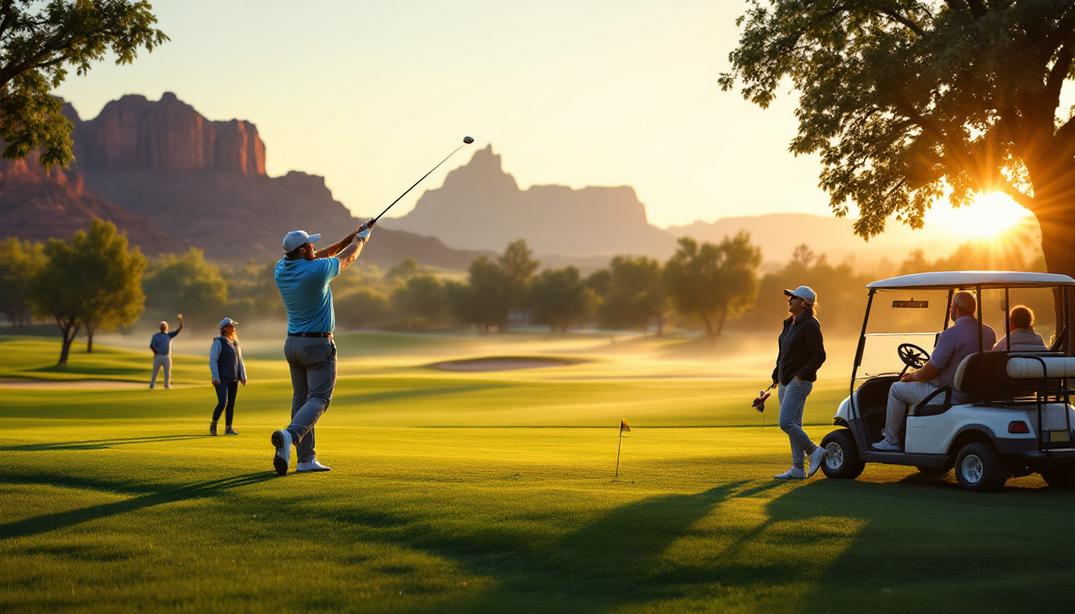 A desert golf course with open fairways and picturesque mountain views