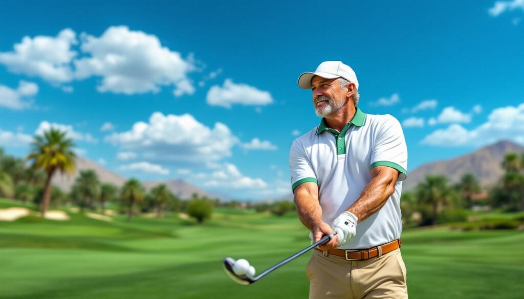 A desert golf course with sprawling fairways and views of the surrounding arid landscape