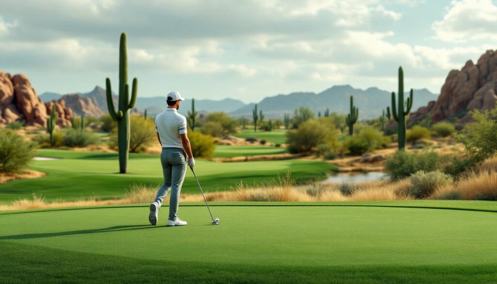 A desert golf course with vibrant cacti and stunning mountain backdrops