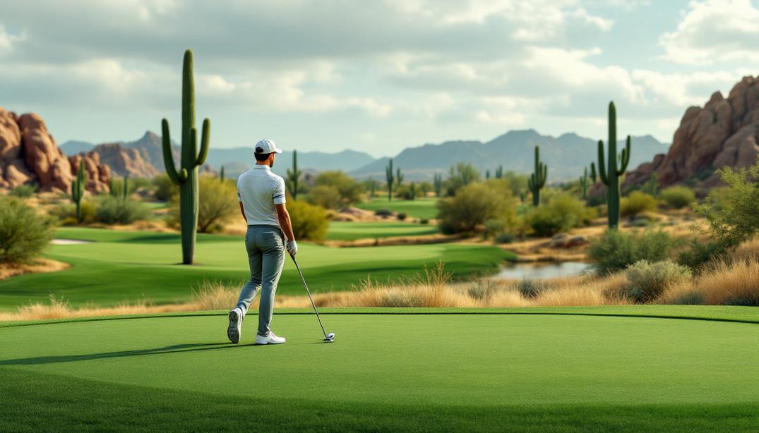 A desert golf course with vibrant cacti and stunning mountain backdrops