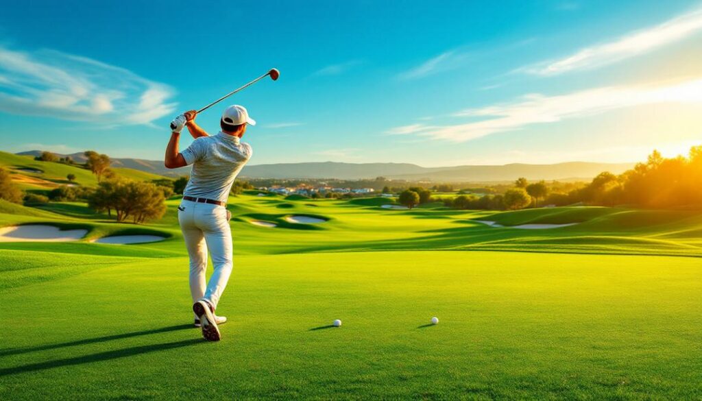 A desert golf course with wide fairways and panoramic views of the surrounding desert landscape