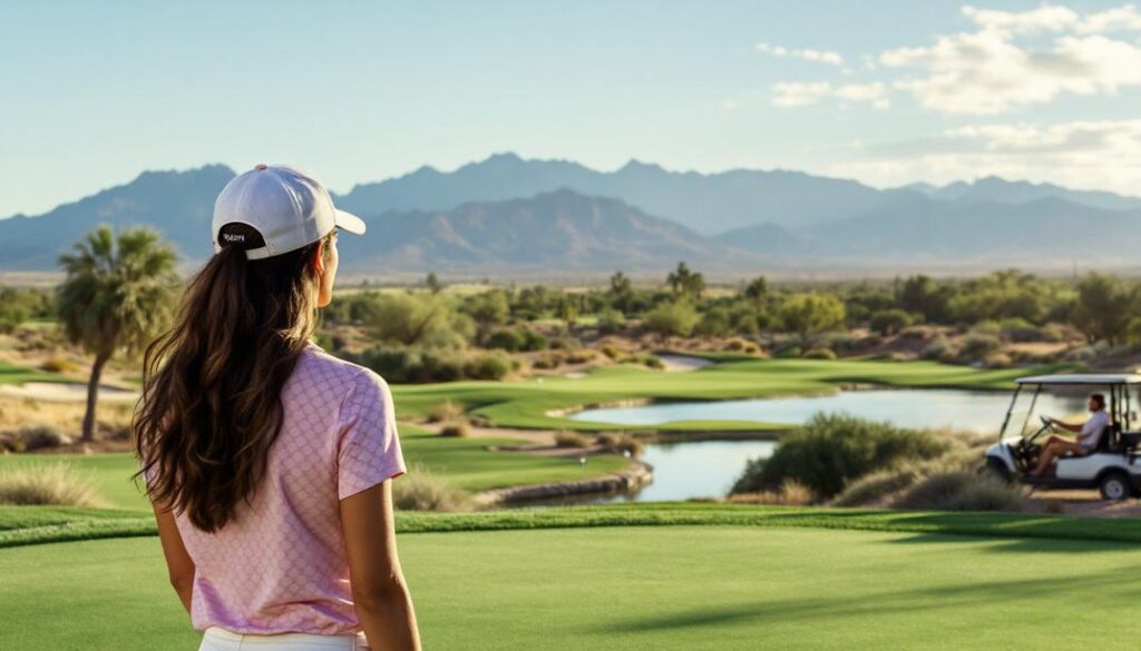 A desert style golf course with minimal elevation changes and expansive fairways