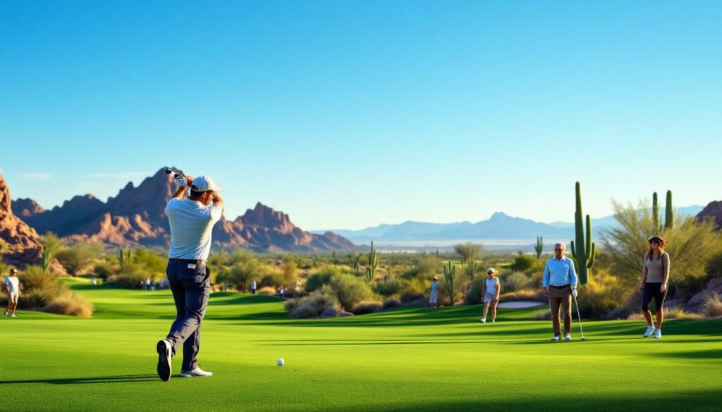 A golf course set alongside serene lakes with water hazards and scenic views of the desert