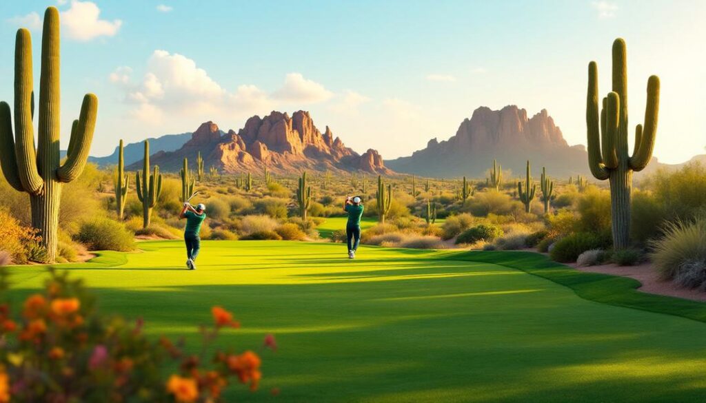 A historical golf course set in a rugged arid landscape with stunning mountain views