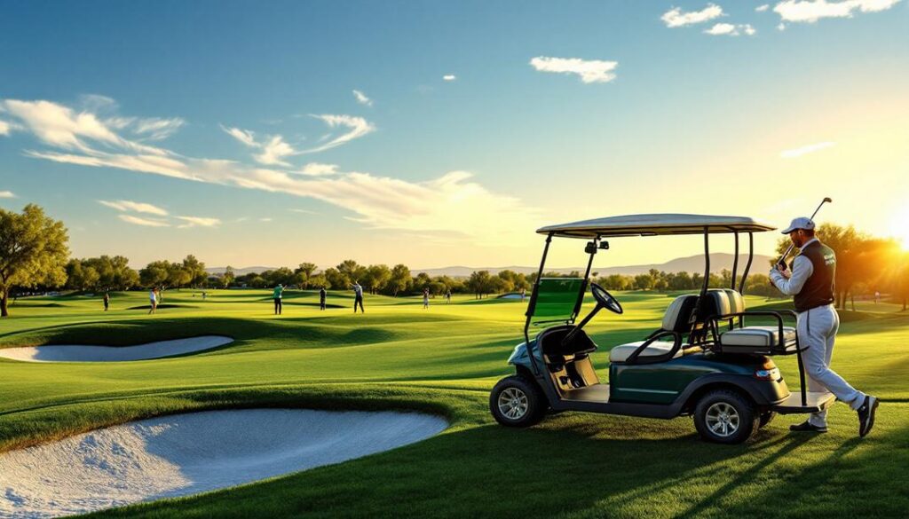 A lively golf course with bunkers and water hazards set in a desert landscape