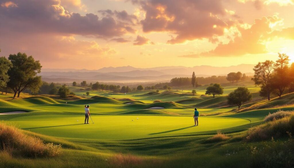 A lush golf course with tree lined fairways and scenic views of the Verde Valley
