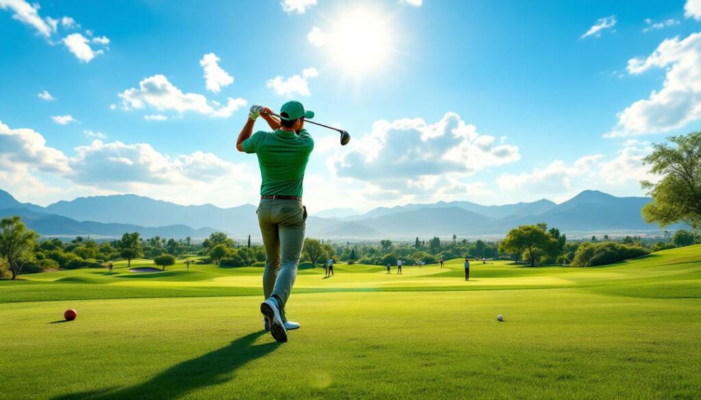 A luxurious golf course with well manicured greens and beautiful desert views