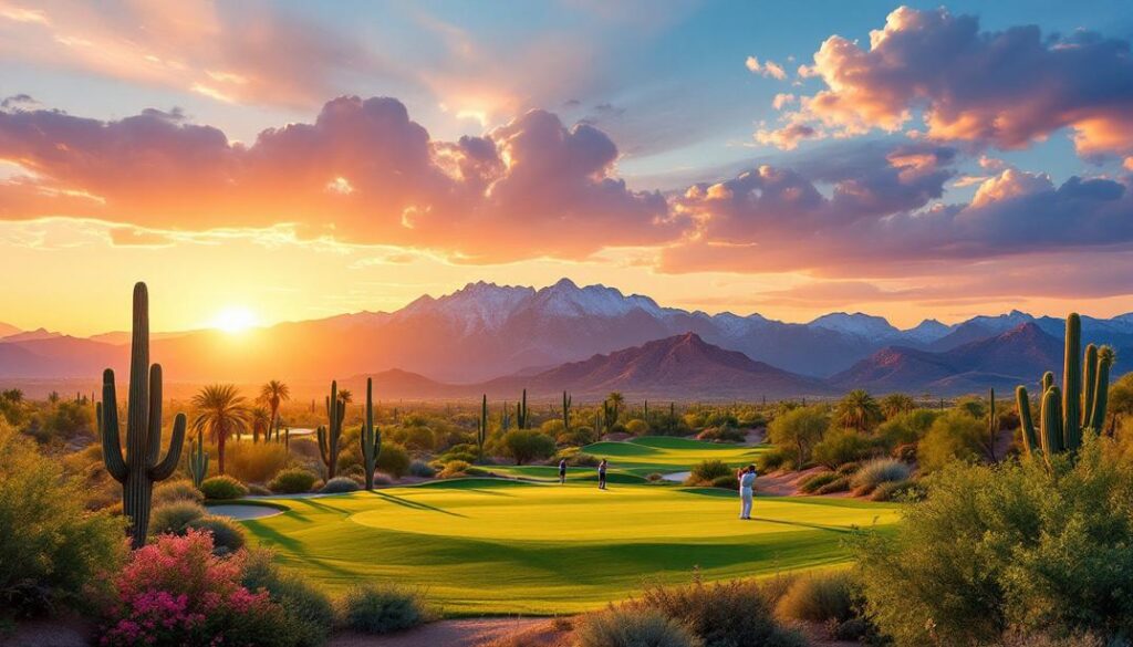 A luxurious well maintained course with beautiful desert views water features and lush greens