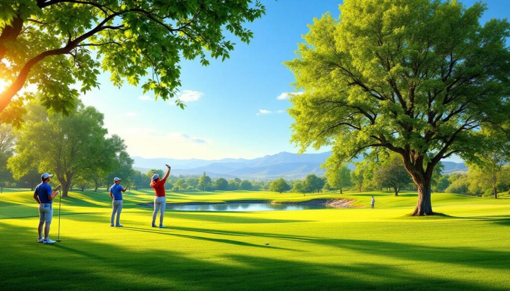 A peaceful elevated course surrounded by green pastures and mountain views