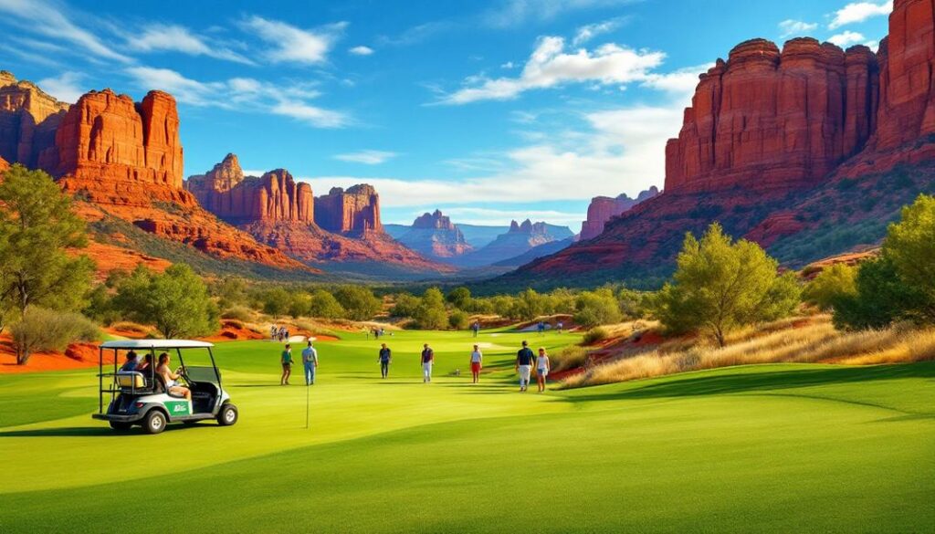 A picturesque golf course with dramatic red rock formations as the backdrop