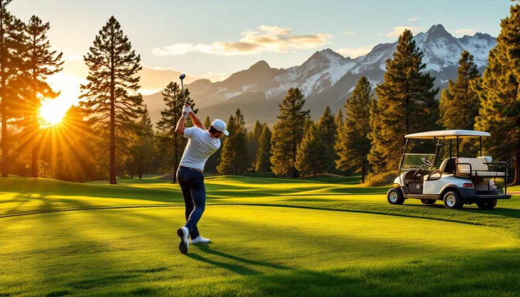 A picturesque high altitude course with lush greenery and mountain backdrops