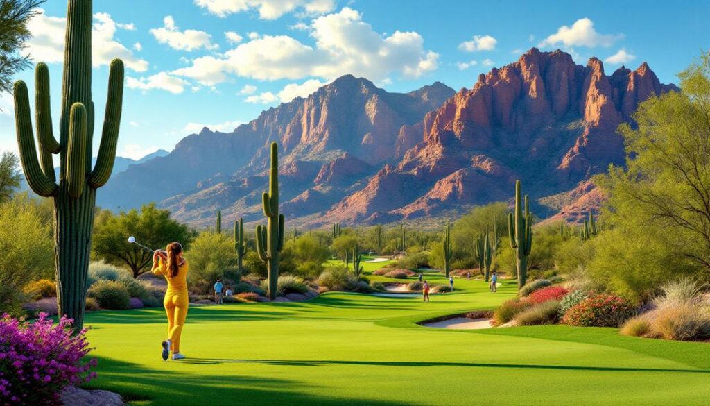 A scenic desert course with wide fairways and mountain views in the background