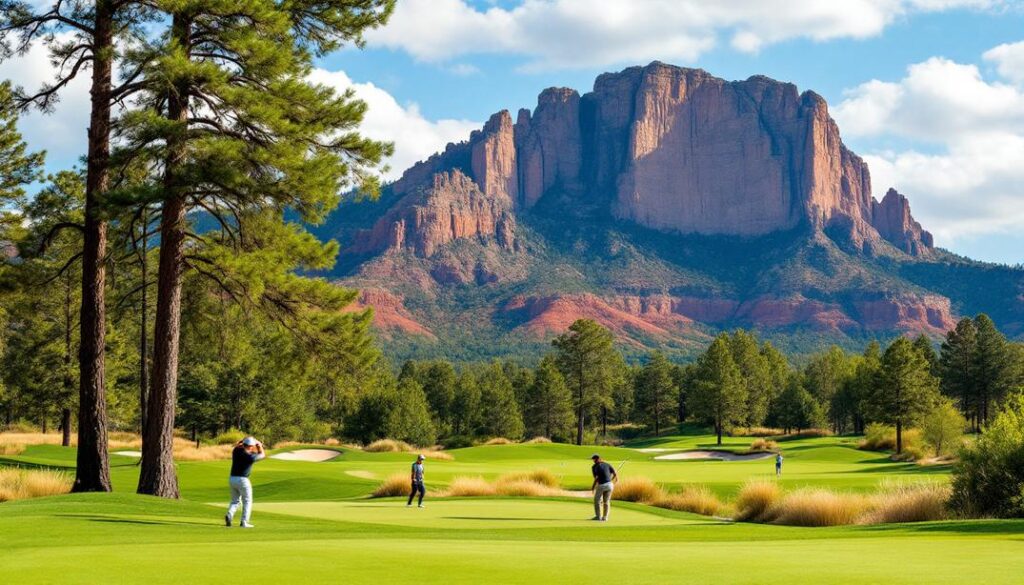 A scenic mountain bordered golf course with towering pines and cool weather