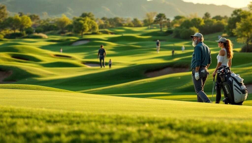 A scenic view of a well maintained golf course with lush green fairways