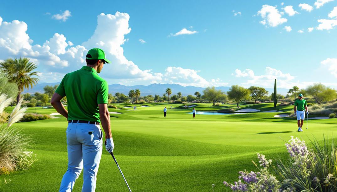 A scenic well manicured golf course with palm trees and water features