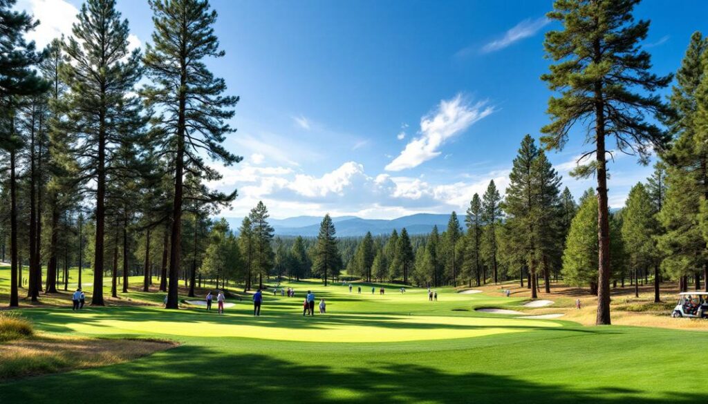 A serene forested course offering a peaceful escape amidst tall trees and mountain views