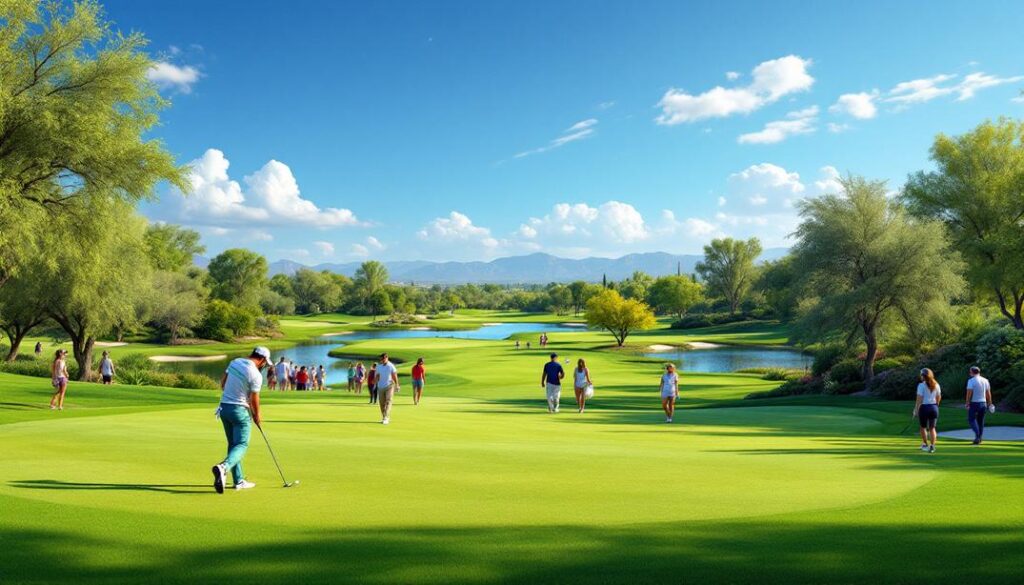 A sprawling desert golf course with wide fairways and mountain views in the distance