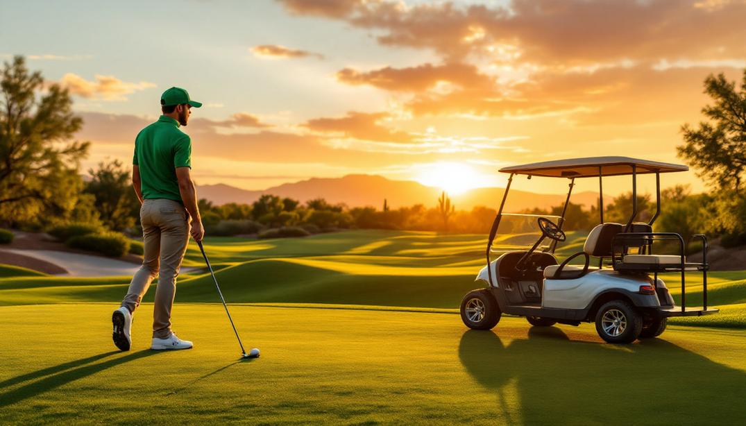 A sunny day at a top tier golf course featuring desert landscapes