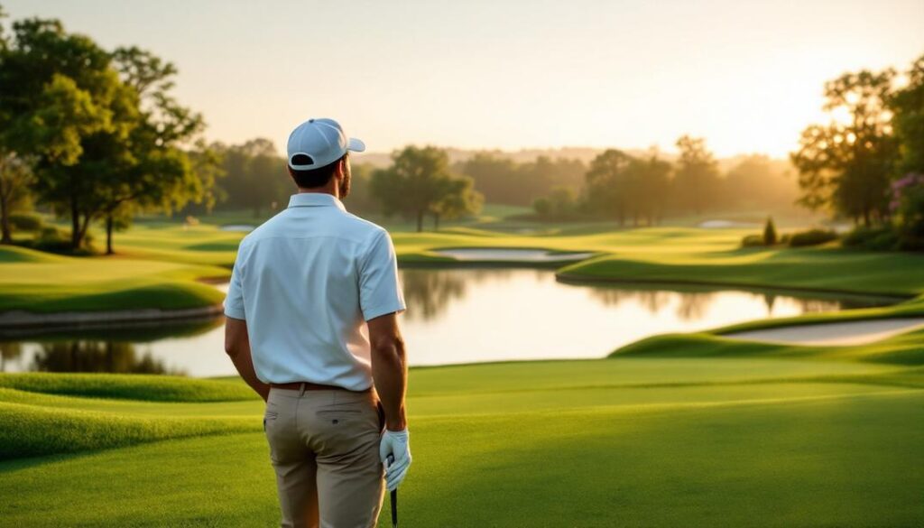 A vibrant expansive course featuring water hazards and picturesque desert landscaping