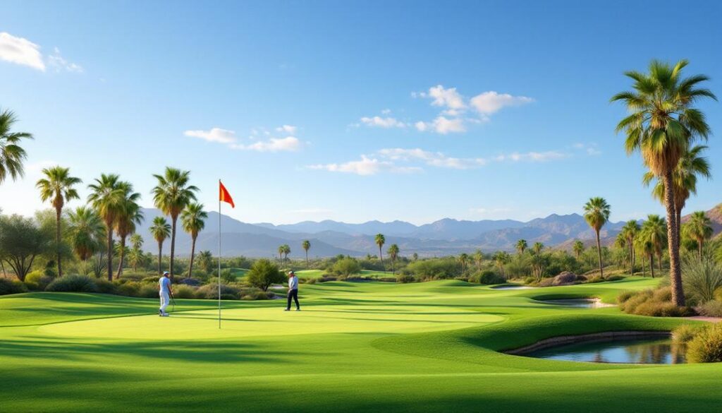 A vibrant flat golf course with pristine fairways and minimal elevation changes