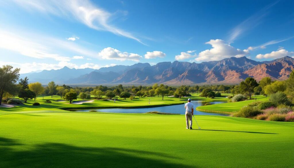 A well maintained flat course designed for all levels of play with lush greenery