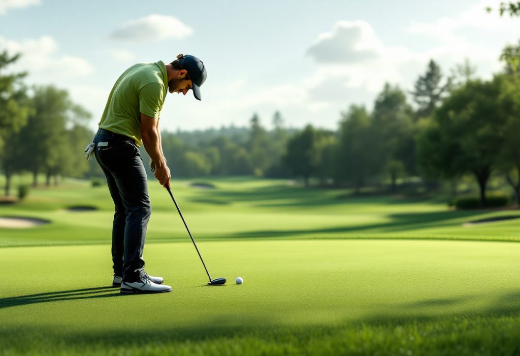 A golfer intently reading the green before putting