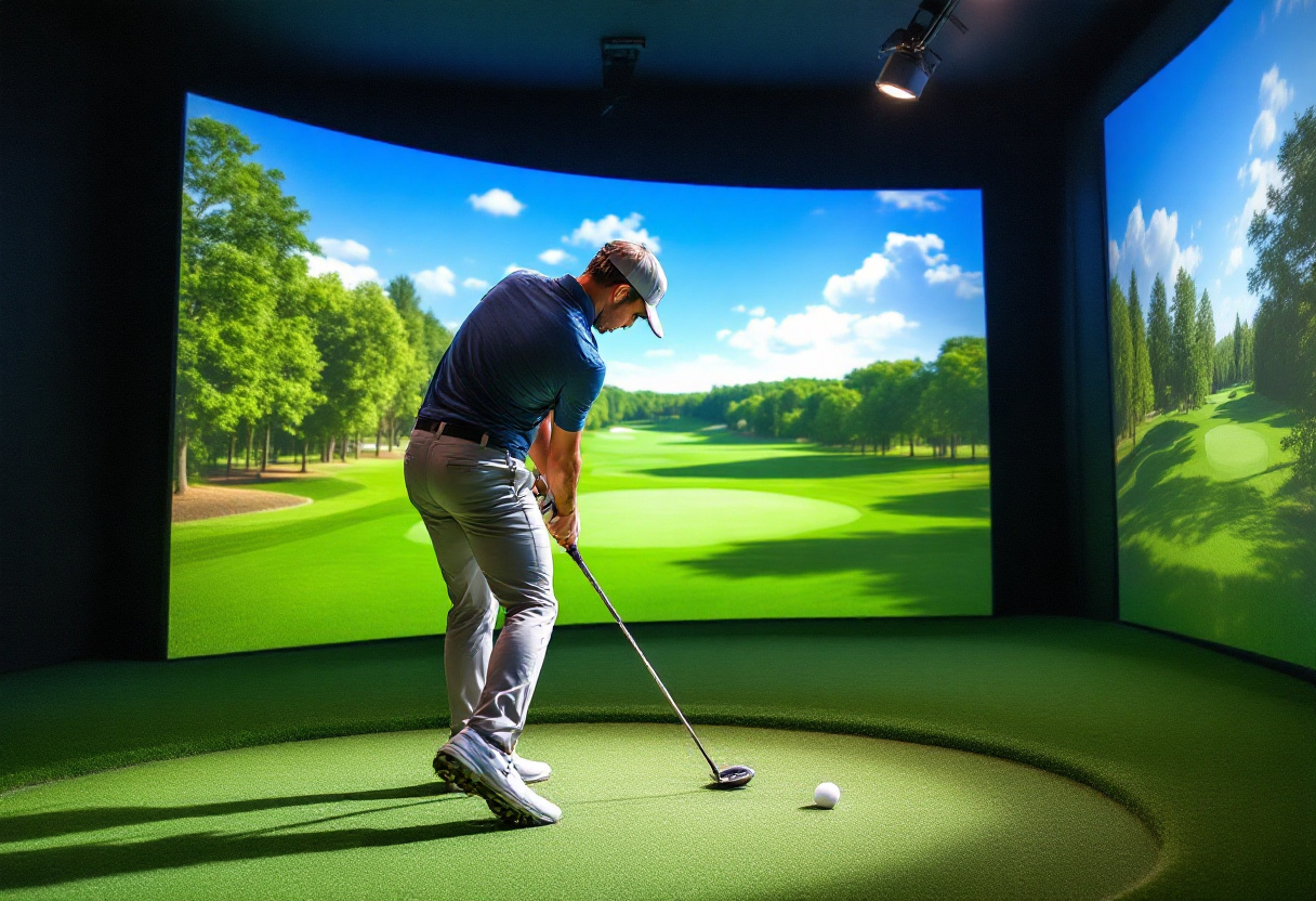 A golfer practicing his swing indoors with a high tech golf simulator