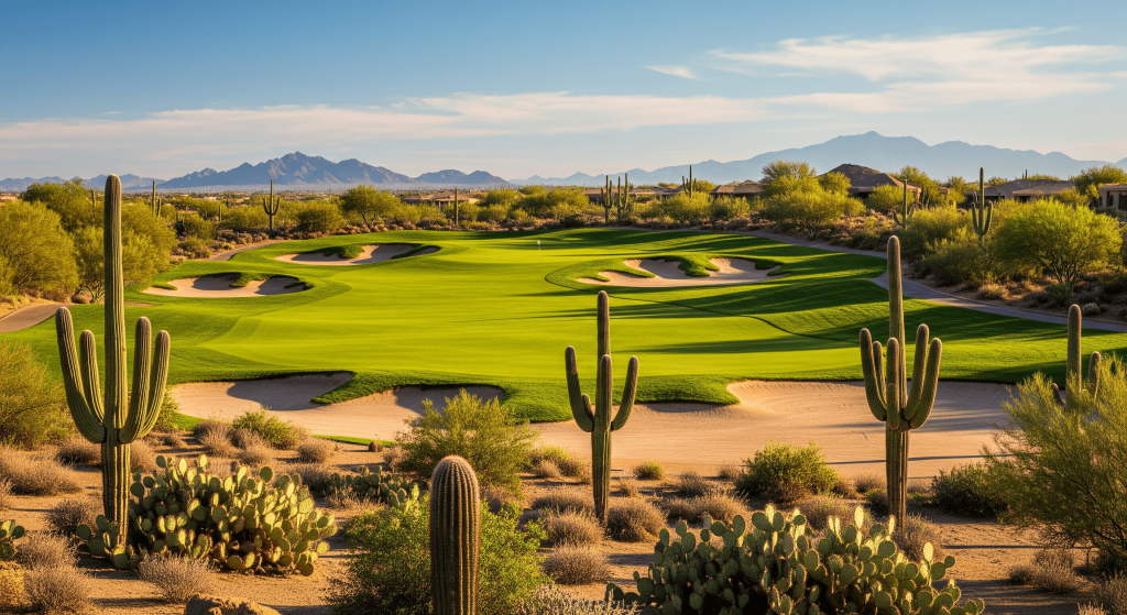 Desert golf course surrounded by tall cacti, rolling fairways, and distant mountains under a clear sky.