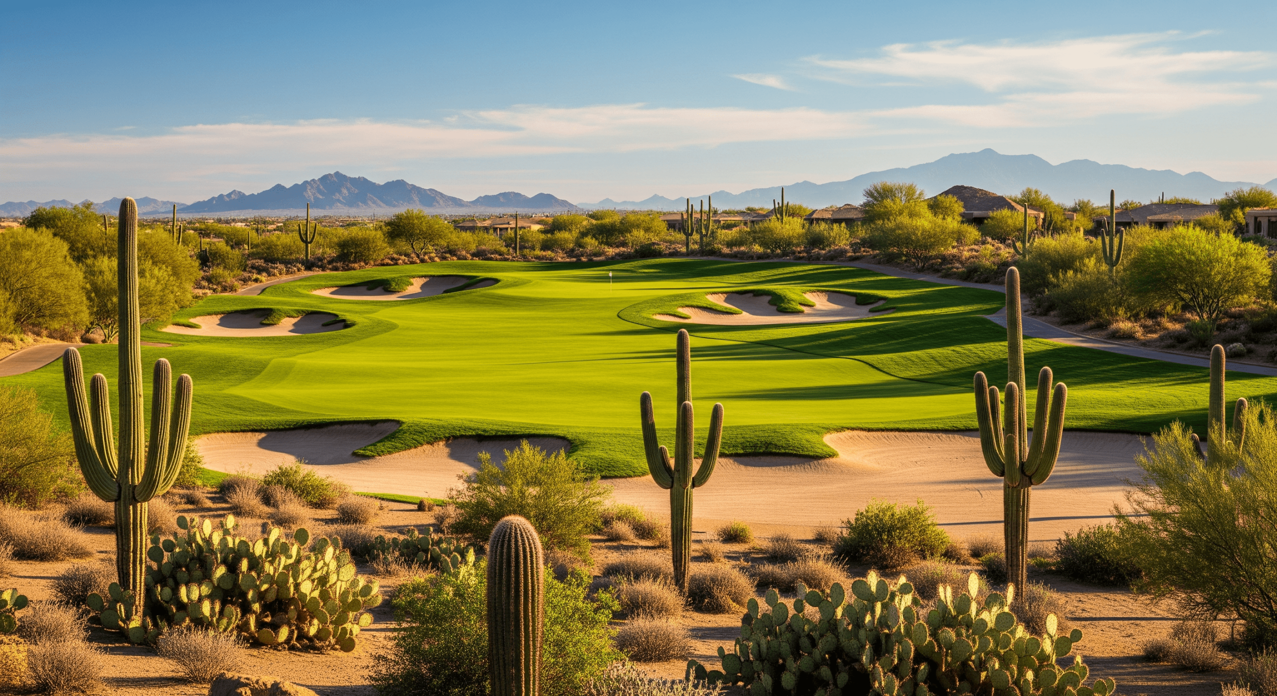 Desert golf course surrounded by tall cacti, rolling fairways, and distant mountains under a clear sky.