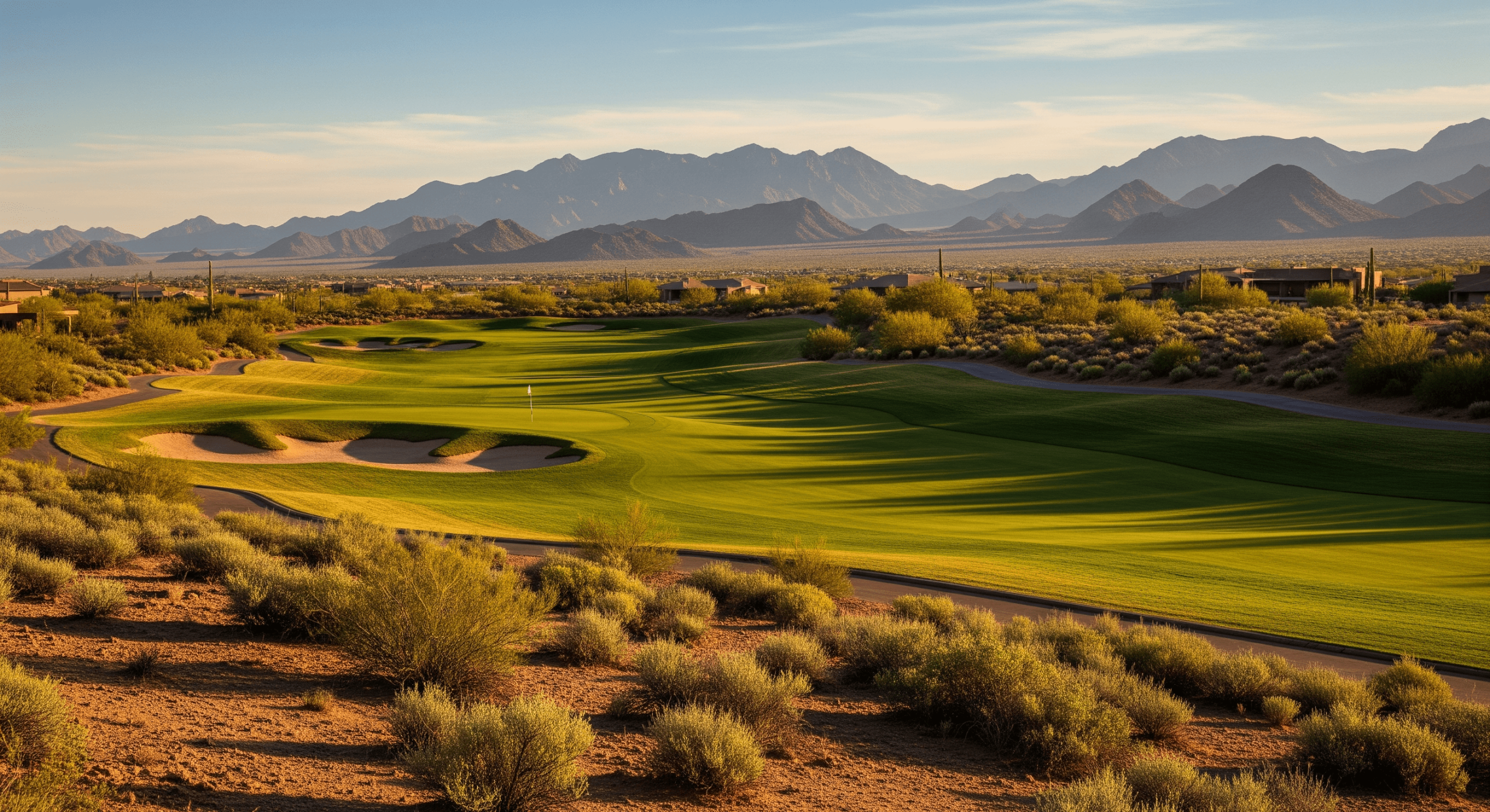 A wide view of a desert golf course with rolling fairways, bunkers, and mountain ranges in warm evening light.