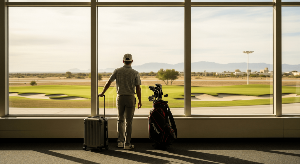 Golfer standing with luggage and golf bag, looking out an airport window at a golf course and mountains.