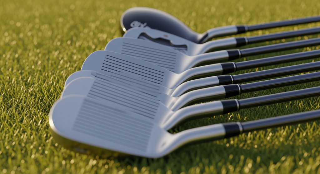 Close-up view of golf irons lined up on bright green grass.