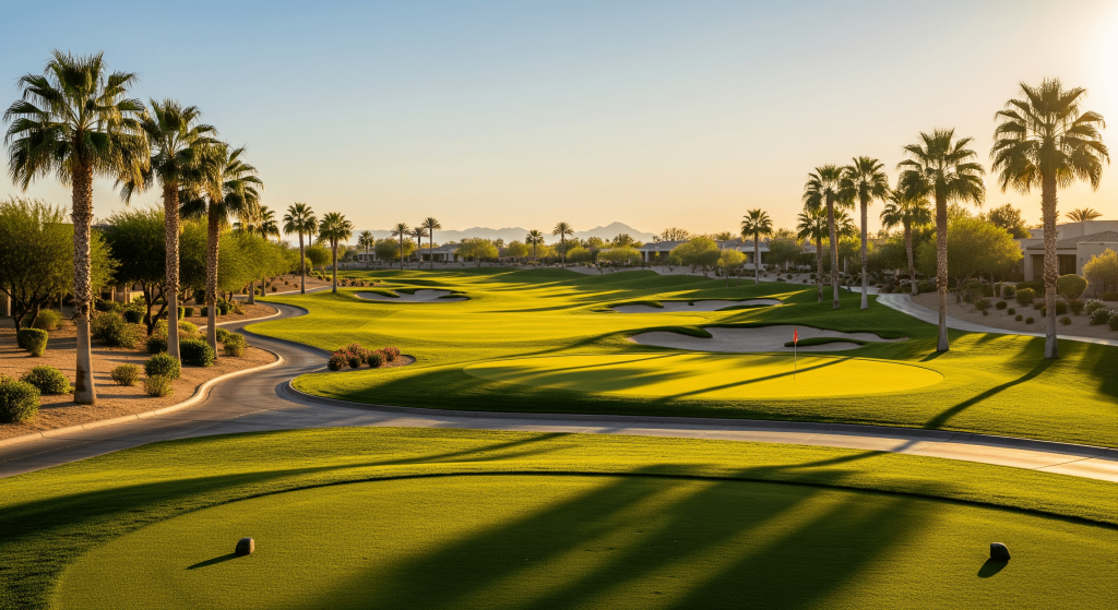 Palm-lined fairways illuminated by warm sunset light across a landscaped golf course.