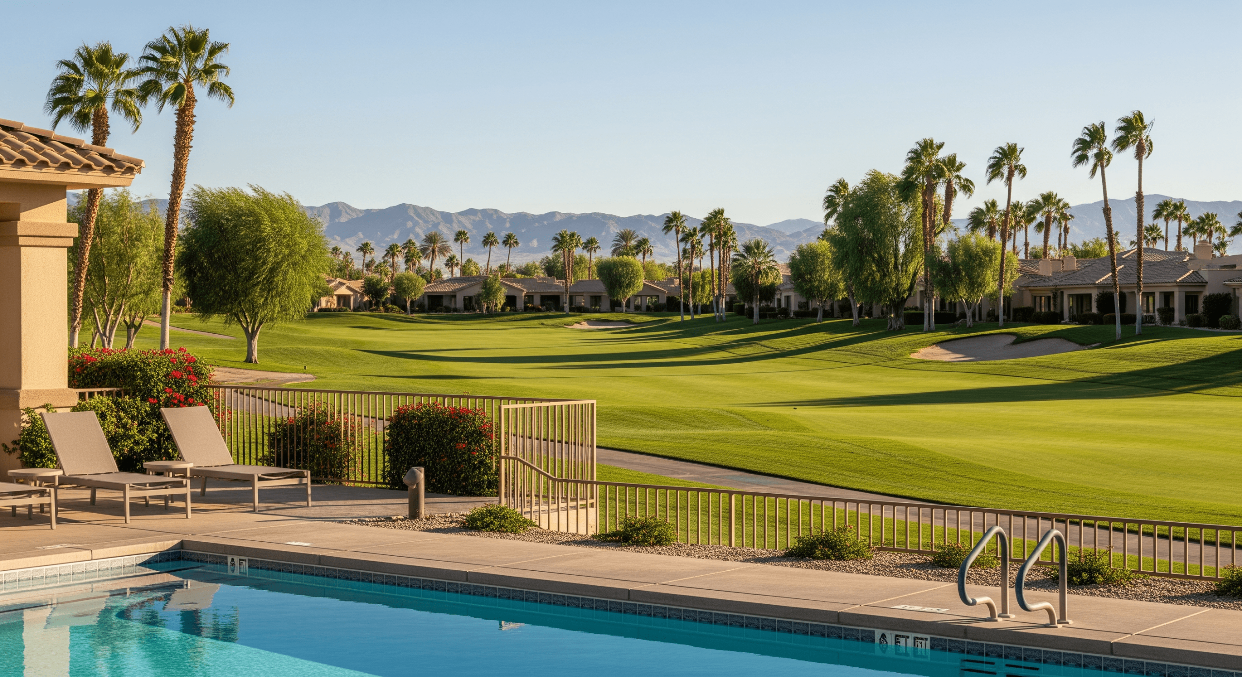 Swimming pool overlooking a lush golf course lined with trees and residential homes.