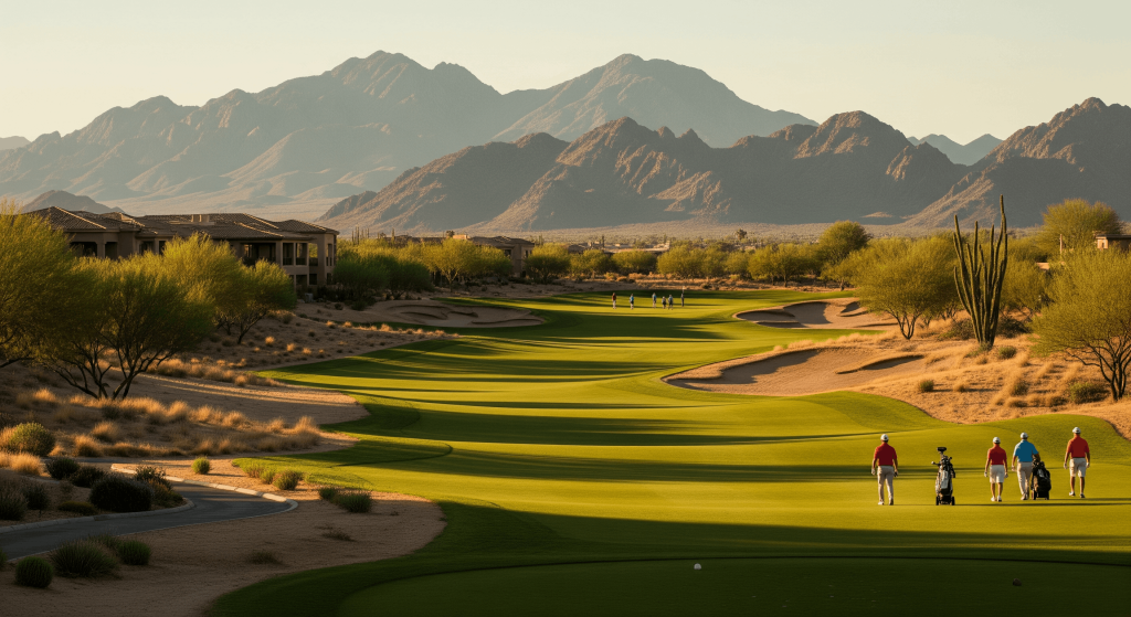 Arizona desert golf course fairway with golfers and mountain views