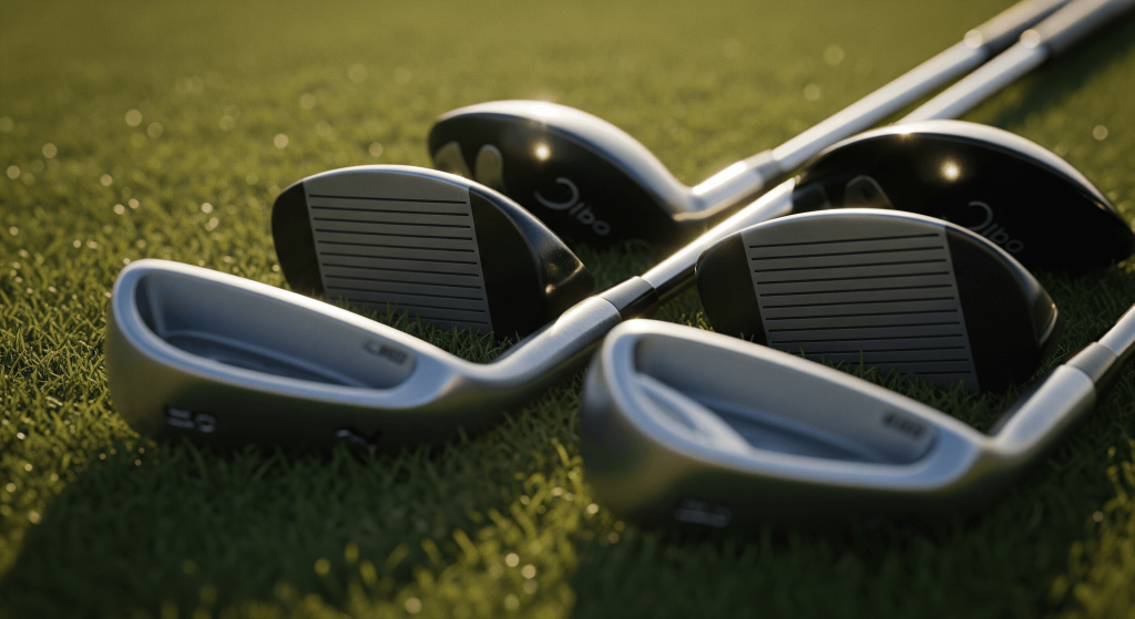 Close-up of golf iron club faces resting on green grass