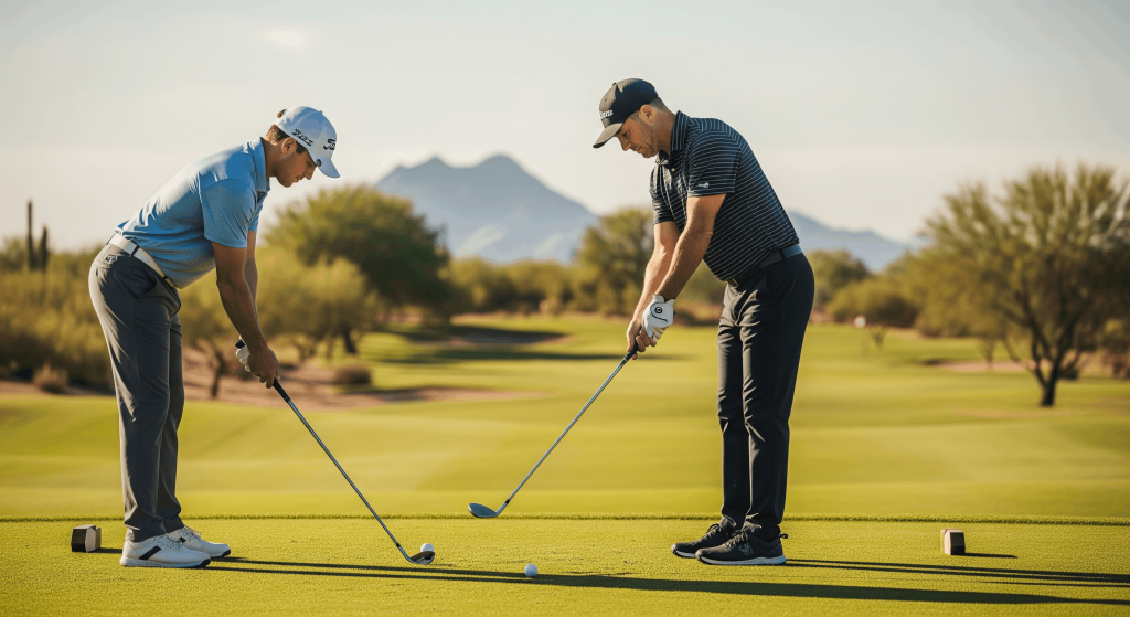 Two golfers practicing swing fundamentals on a tee box with desert landscape behind them