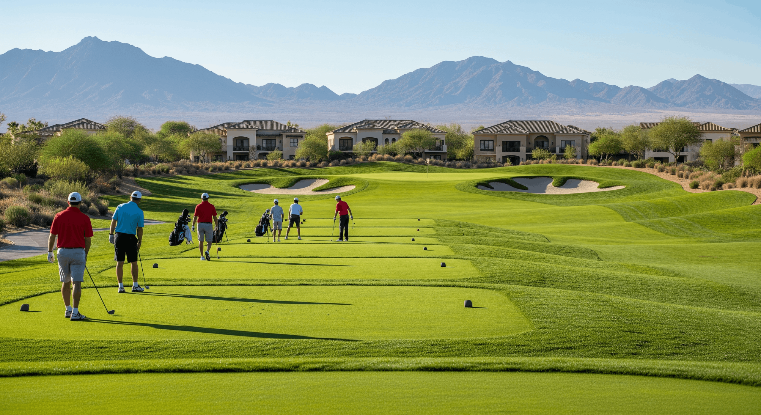 Group of golfers practicing shots on a tee line with desert mountains in the background