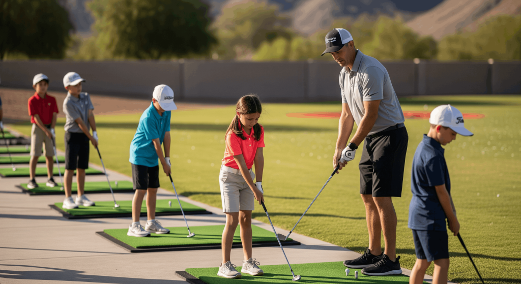 Golf instructor teaching young children proper swing technique at a driving range