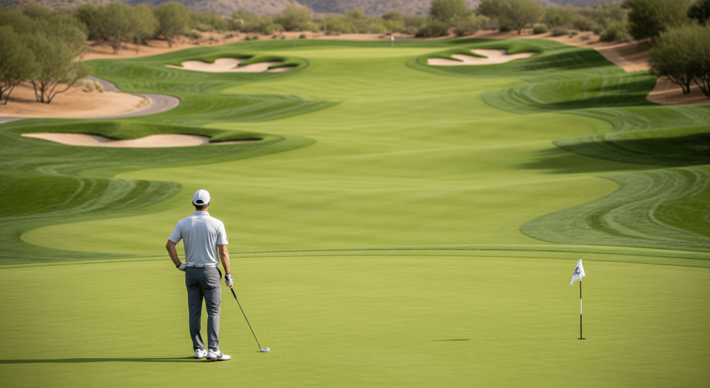Golfer standing on a putting green analyzing a putt on an Arizona golf course
