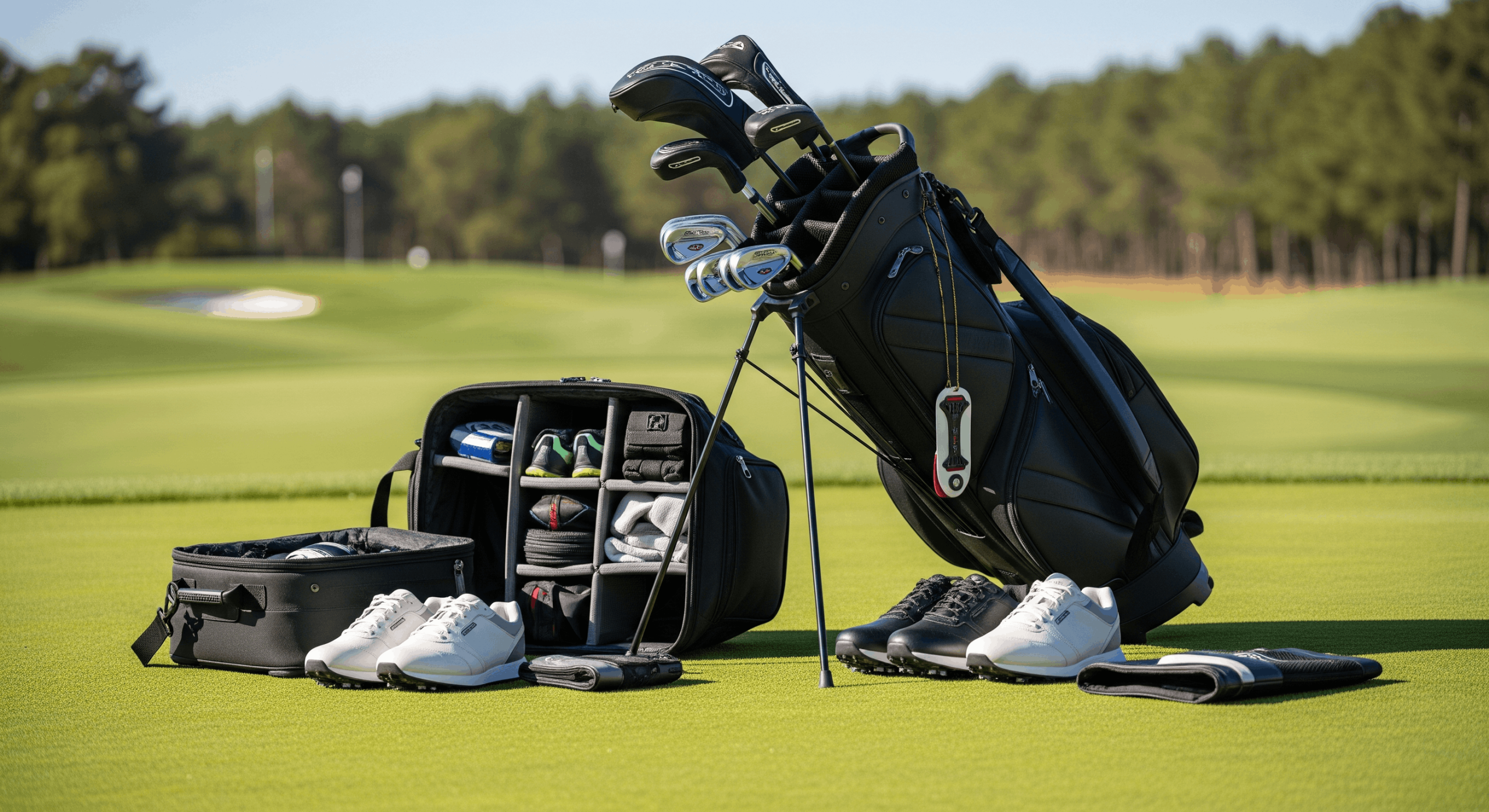 Professional golf bag with clubs and accessories displayed on a practice green