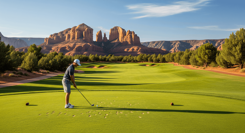 Golfer preparing a tee shot on a desert golf course with red rock scenery