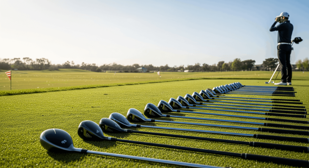 Golf clubs lined up on a driving range during a club fitting session