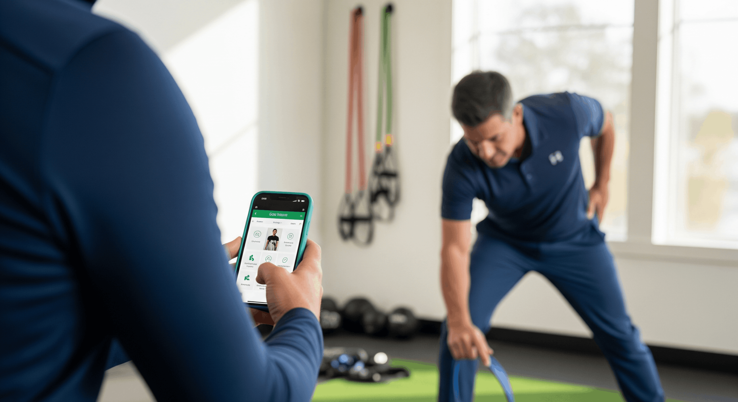 Golf coach using a mobile app to assess a player’s fitness and mobility during training
