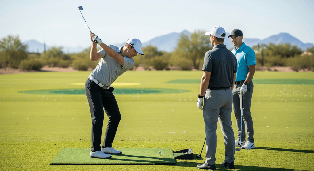 Golf instructor coaching a player during a full swing practice at a driving range